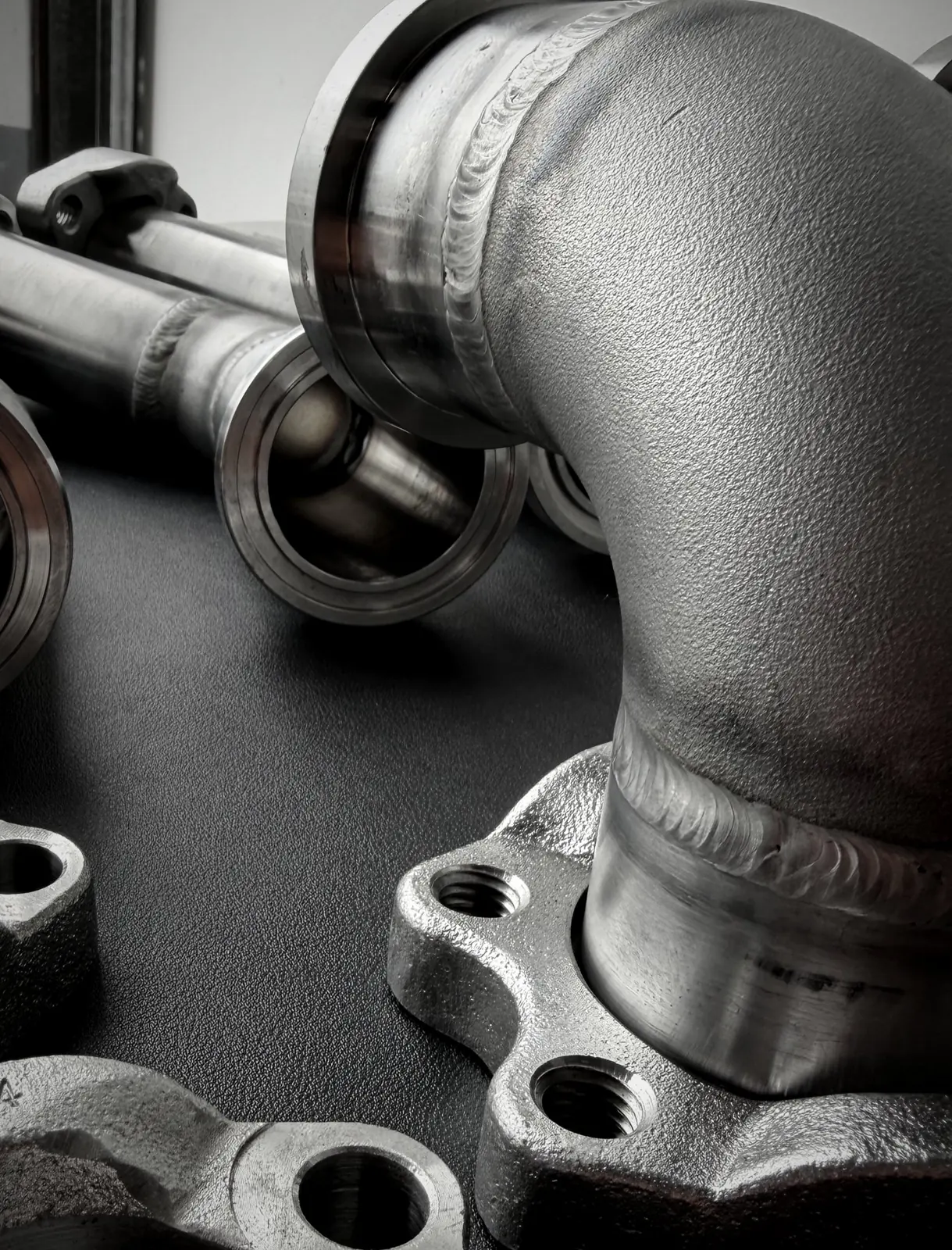 Close-up of the weld on a 316 stainless flanged 90 degree elbow