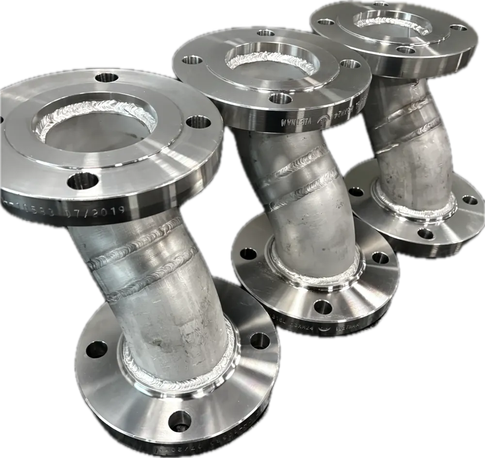 Three stainless flanged 45 degree offset spools with TIG welded flanges