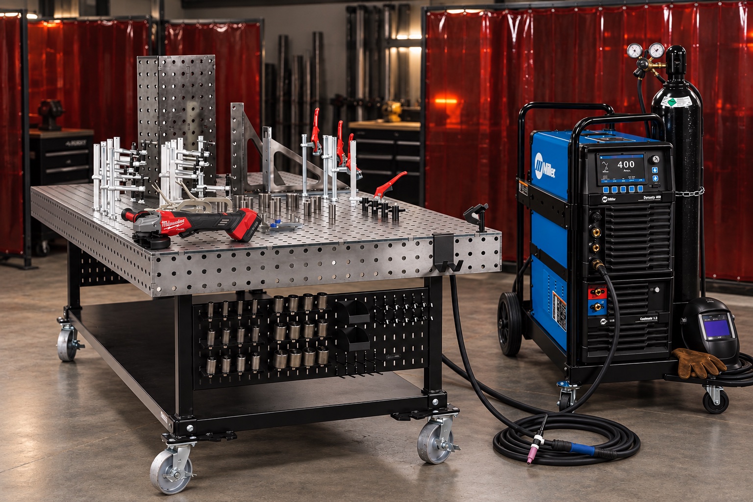 Welding cell with equipment and tooling